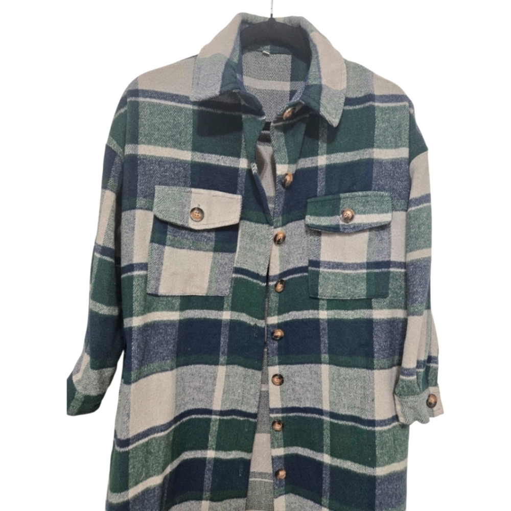 Plaid Flannel Shacket Jacket Oversized Button Up Blue Green XS Women's Grunge - Picture 3 of 8